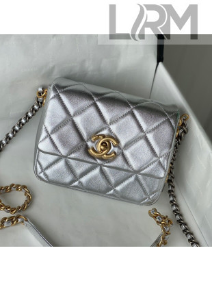 Chanel Lambskin Mini Sqaure Flap Bag with Metal Side Logo AS2734 Silver 2021