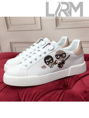 Dolce & Gabbana PORTOFINO Sneakers In Calfskin With Patch White/Guitar 2020(For Women and Men)