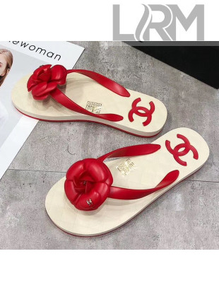 Chanel Rubber Camellia Thong Slides Sandals Red 2020