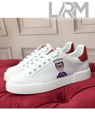 Dolce & Gabbana PORTOFINO Sneakers In Calfskin With Patch of the Designers Red/White 2020(For Women and Men)