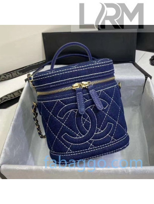 Chanel Quilted Denim Chain Round Vanity Case With Top Handle Blue 2020