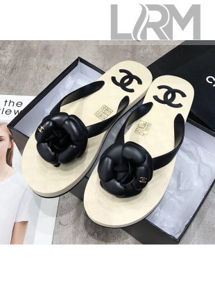 Chanel Rubber Camellia Thong Slides Sandals Black 2020