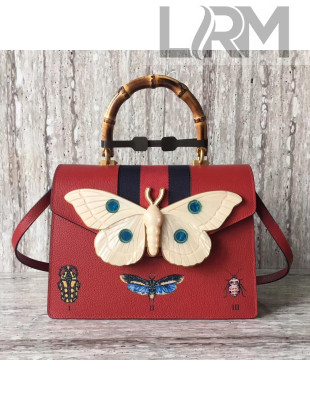 Gucci Leather with Moth Medium Top Handle Bag 488691 Red 2017