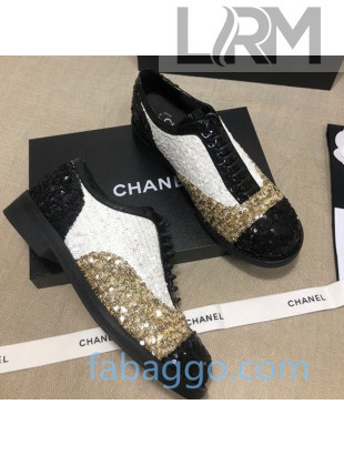 Chanel Sequins and Patent Calfskin Lace-ups Shoes G36208 Gold/White/Black 02 2020