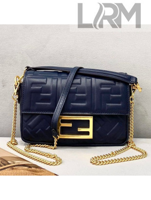 Fendi Baguette Mini FF Logo Lambskin Flap Bag Navy Blue 2021