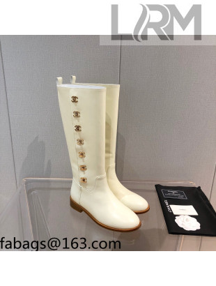 Chanel Calfskin CC Button High Boots White 2021