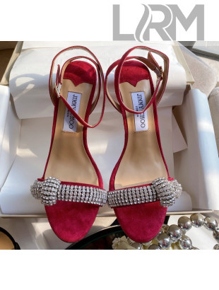 Jimmy Choo THYRA 100 Suede Sandals with Pavé Crystal Cord Red 2020