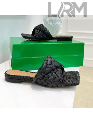 Bottega Veneta Stretch Raffia Flat Slide Sandals Black 2021