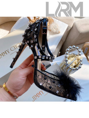 Jimmy Choo ODETTE 100 Lace Wraparound Heels Pump with Feather and Crystal Black 2020