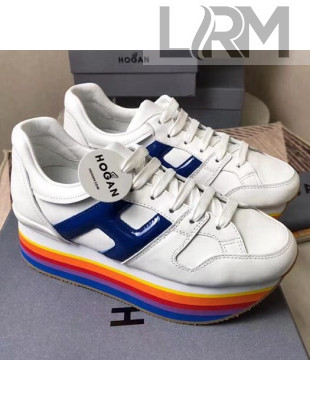 Hogan Calfskin Maxi H222 Sneaker with Rainbow Sole White/Blue 2018