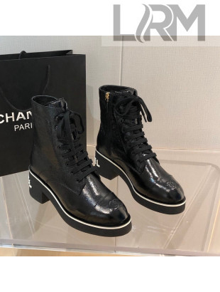 Chanel Shiny Crumpled Lambskin Ankle Boots with White Logo Black 2021
