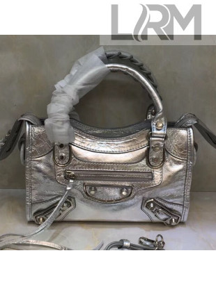 Balenciaga Classic Mini City Bag in Crinkle Lambskin All Silver 2019