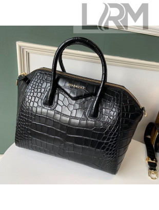 Givenchy Antigona Medium Bag in Embossed Crocodile Leather Black/Gold 2021