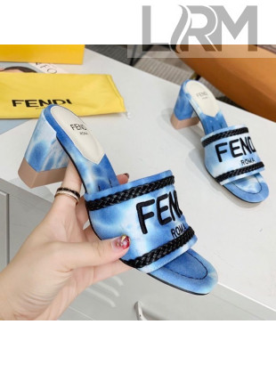 Fendi Mid-Heel Slide Sandals in Blue Embroidered Silk with Braid Charm 2020