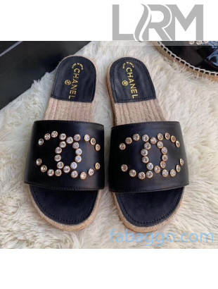 Chanel Leather Crystal CC Slider Espadrilles Sandals Black 2020