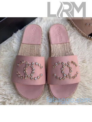 Chanel Leather Crystal CC Slider Espadrilles Sandals Pink 2020