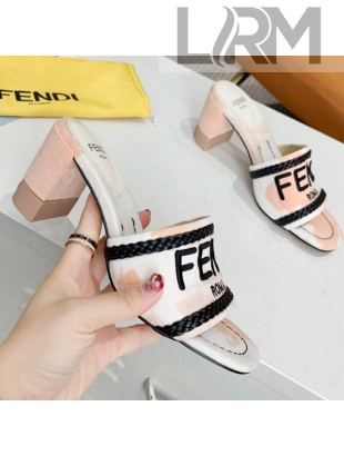 Fendi Mid-Heel Slide Sandals in Pink Embroidered Silk with Braid Charm 2020