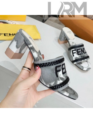 Fendi Mid-Heel Slide Sandals in Grey Embroidered Silk with Braid Charm 2020