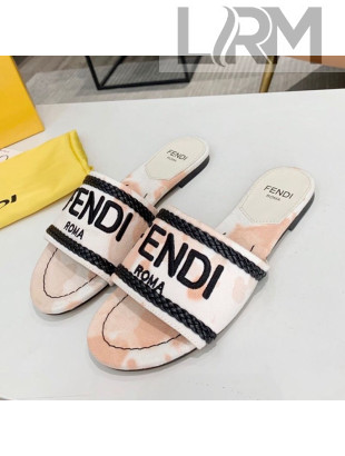 Fendi Flat Slide Sandals in Silver Embroidered Pink with Braid Charm 2020