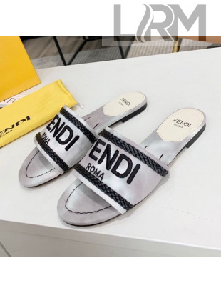 Fendi Flat Slide Sandals in Silver Embroidered Silk with Braid Charm 2020
