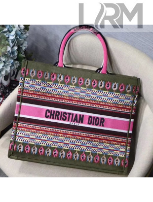 Dior Book Tote in Embroidered Canvas Green/Pink 2019