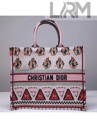 Dior Book Tote in Geometric Embroidered Canvas Pink/White 2019