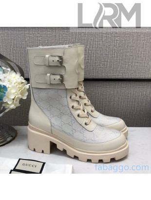 Gucci GG Fabric Boots With Front Buckle and 5cm Heel White 2020 