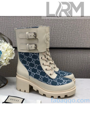 Gucci GG Fabric Boots With Front Buckle and 5cm Heel Blue 2020 