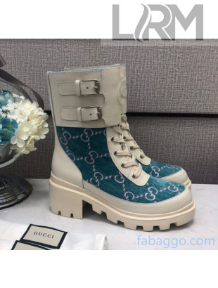 Gucci GG Velvet Boots With Front Buckle and 5cm Heel Blue 2020