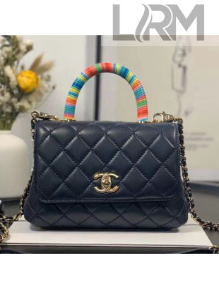 Chanel Quilted Goatskin Mini Flap Bag with Top Handle AS2215 Navy Blue 2021