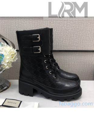 Gucci GG Leather Boots With Front Buckle and 5cm Heel Black 2020 