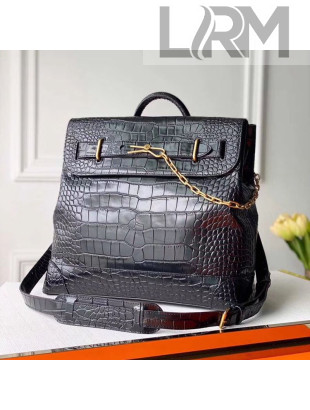 Louis Vuitton Men's Steamer PM Crocodile Embossed Leather Top Handle Bag M44473 Black/Gold 2019
