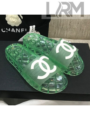 Chanel Flat Transparent Color CC Slide Sandals Bright Green 2021