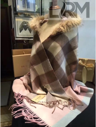Burberry Wool Cashmere Check Fox Fur Fringe Cape Pink