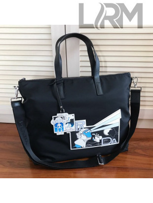Prada Print Nylon Tote Bag 2VG024 Black/Blue 2019