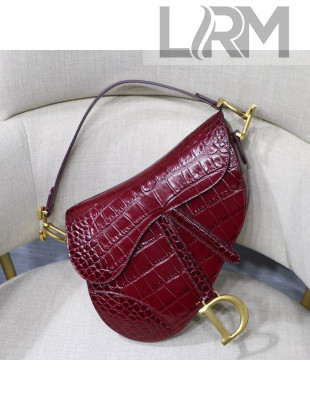 Dior Mini Saddle Bag in Crocodile Embossed Leather Burgundy 2019