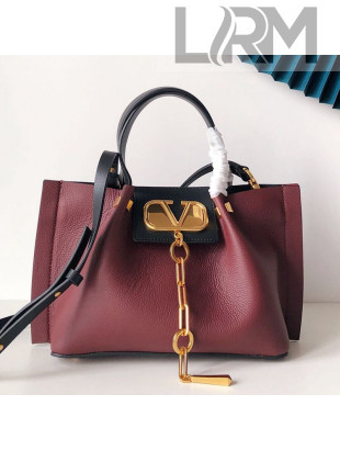 Valentino Small VCASE Grainy Calfskin Shopping Tote Bag Burgundy 2019
