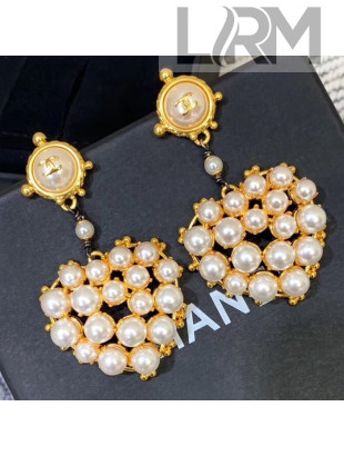 Chanel Pearl Heart Pendant Short Earrings White/Gold 2019
