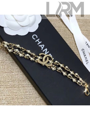 Chanel Double Chain and Leather Bracelet Black 2019