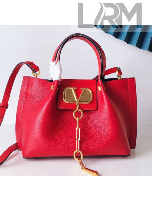 Valentino Small VCASE Grainy Calfskin Shopping Tote Bag Red 2019