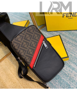 Fendi Men's Sling Shoulder Bag in Leather and Brown FF Canvas Black/Red 2020
