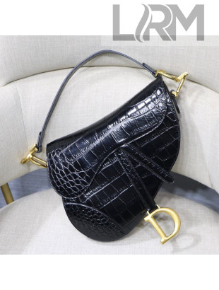 Dior Mini Saddle Bag in Crocodile Embossed Leather Black 2019