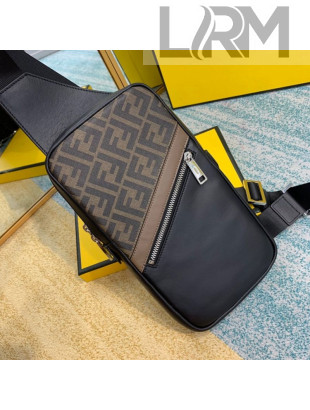 Fendi Men's Sling Shoulder Bag in Black Leather and Brown FF Canvas 2020