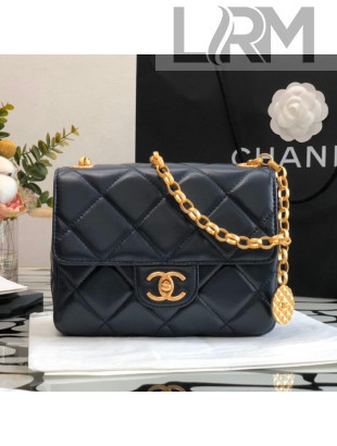 Chanel Quilted Leather Mini Sqaure Flap Bag with Vintage Coin Charm Dark Blue 2021