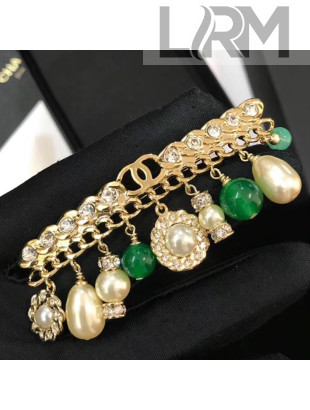 Chanel Crystal and Pearl Brooch AB0618 Gold/White/Green 2019