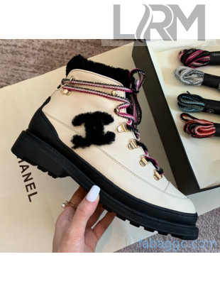 Chanel Calfskin Wool Lace-up Flat Short Boots G35376 Beige/Black 2020