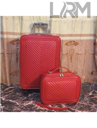 Chanel Chevron Trolley Luggage Bag Red 2018