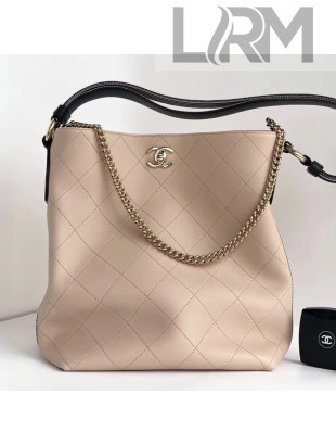 Chanel Quilted Leather Bucket Bag with Striped Fabric Side AS0666 Nude 2019