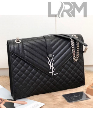 Saint Laurent Envelope Large Flap Shoulder Bag in Matelasse Grainy Leather 487198 Black/Silver 2019