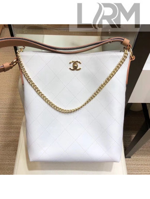 Chanel Quilted Leather Bucket Bag with Striped Fabric Side AS0666 White 2019
